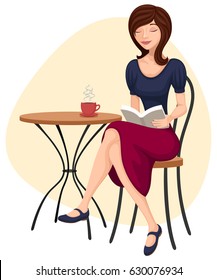 Vector illustration of a cartoon woman reading a book with a cup of coffee.