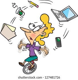 A Vector Illustration Of Cartoon Woman Riding A Unicycle And Juggling Office Equipment