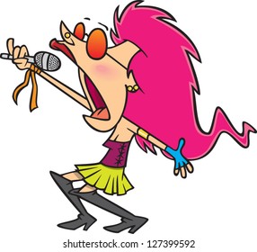 A vector illustration of cartoon woman rock star singing into a microphone