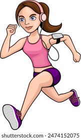Vector illustration of a cartoon woman running and listening to music on headphones.