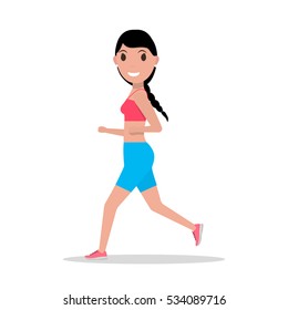 Vector illustration cartoon woman running in sports shirt, shorts. Isolated on white background. Flat style. Profile, side view. Female running jogging. Girl runs slowly. Athlete engaged in jogging.