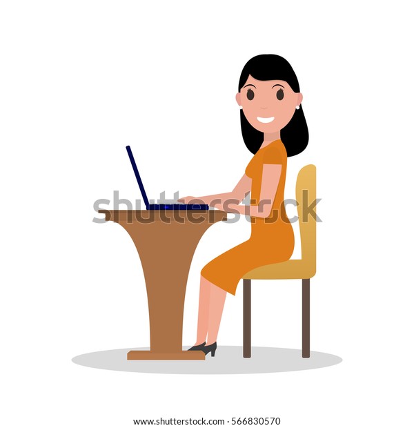 Vector Illustration Cartoon Woman Sitting Desk Stock Vector