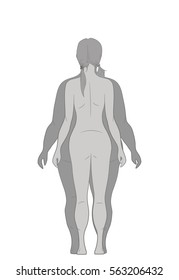 Vector illustration cartoon woman slimming. Fat and slim girl. Female body before and after weight loss, diet and fitness. Comparison athletic girl and plump woman. Growing thin lady. Flat style. 