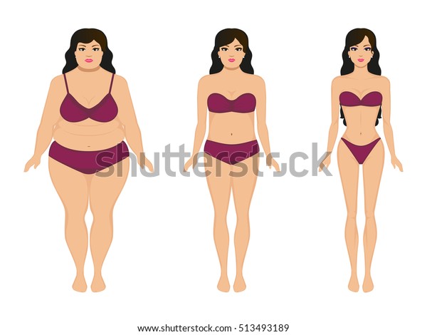 ベクターイラストの漫画の女性のスリム 太って痩せた女の子 痩せる前と後の女性の体 ダイエット フィットネス 体育系の女の子と太った女の子を比べて 成長する痩せた女性 フラットスタイル のベクター画像素材 ロイヤリティフリー