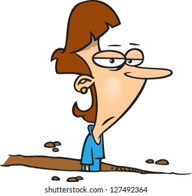 A vector illustration of cartoon woman stuck in a rut