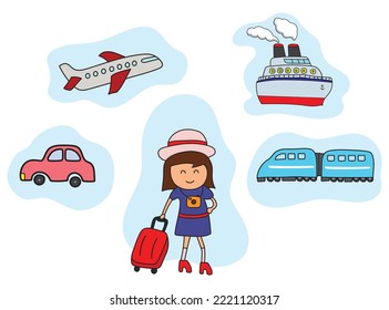 Vector Illustration of cartoon Woman with a Suitcase goes on vacation. Travel concept, 