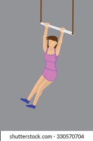 Vector illustration of cartoon woman swinging on trapeze isolated on grey background.