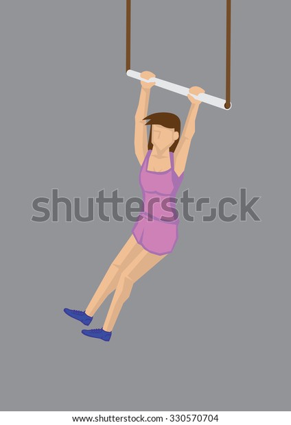 Vector illustration of cartoon woman swinging\
on trapeze isolated on grey\
background.