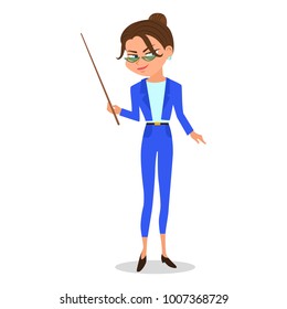 Vector illustration of a cartoon woman teacher with a pointer. Isolated white background. Girl in a suit with a wand. Flat style.