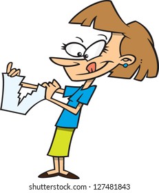 A vector illustration of cartoon woman tearing a piece of paper in half