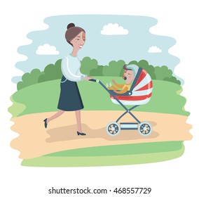 Vector illustration of cartoon woman walking in the Park with a stroller and a child