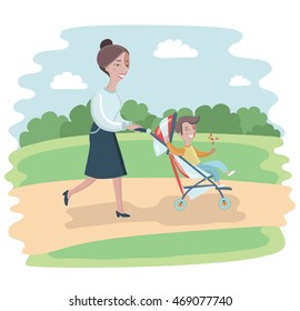 Vector illustration of cartoon woman walking in the Park with a stroller and a child