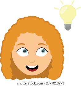 Vector illustration of a cartoon woman's face with a light bulb, in concept of creativity or idea