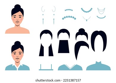 Vektorgrafik des Gesichtes einer Cartoon-Frau mit Kleidung, Frisuren und Accessoires, weibliche Gesichtserzeuger, Charaktergenerator.