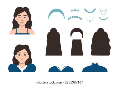 Vektorgrafik des Gesichtes einer Cartoon-Frau mit Kleidung, Frisuren und Accessoires, weibliche Gesichtserzeuger, Charaktergenerator.