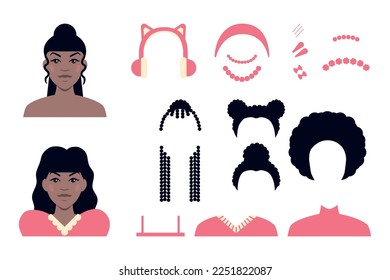 Vektorgrafik des Gesichtes einer Cartoon-Frau mit Kleidung, Frisuren und Accessoires, weibliche Gesichtserzeuger, Charaktergenerator.