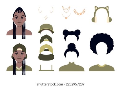 Vektorgrafik des Gesichtes einer Cartoon-Frau mit Kleidung, Frisuren und Accessoires, weibliche Gesichtserzeuger, Charaktergenerator.