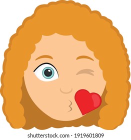 Vector illustration of a cartoon woman's head, giving a heart-shaped kiss