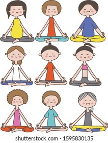 Vector illustration. Illustration of cartoon women do yoga "easy pose". Asian woman.