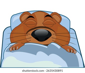 Vector illustration of the cartoon of the woodchuck sleeping on pillow under blanket