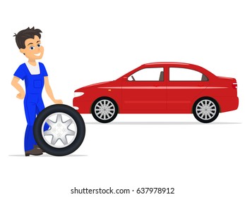 Vector illustration of a cartoon worker on the replacement of tires and wheels. Isolated white background. Auto mechanic in blue work clothes and with a wheel for the car. Service to replace tires.
