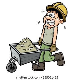 Vector Illustration Of Cartoon Worker With Wheelbarrow