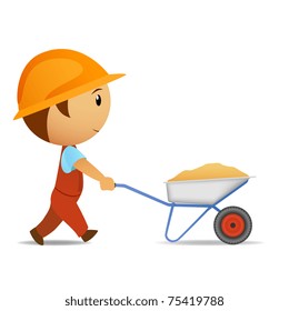 Vector illustration. Cartoon vector worker with wheelbarrow