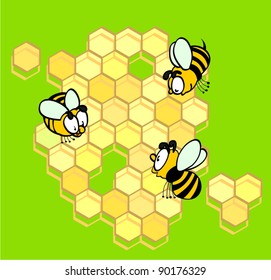 vector illustration of the cartoon working bees on honey cells