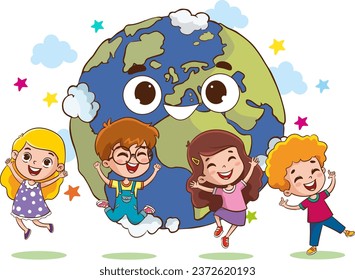 vector illustration of cartoon world and happy kids