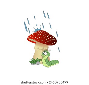 Vector illustration of a cartoon worm hiding from the rain under a mushroom