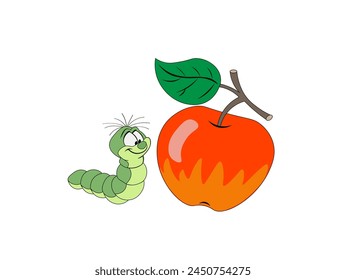 Vector illustration of a cartoon worm looking at an apple