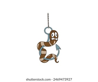 Vector illustration of a cartoon worm on a hook with scared eyes