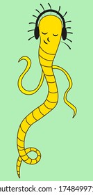 vector illustration of a cartoon worm who listens to music and dances