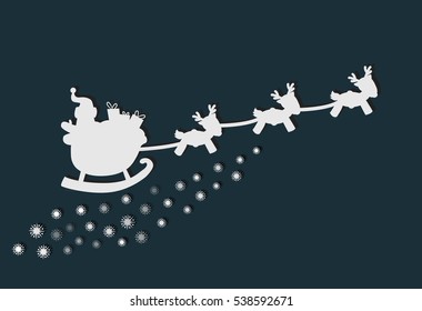 Vector illustration cartoon Xmas white silhouette of Santa on a sleigh with a reindeer on a dark background