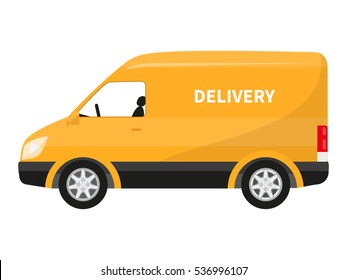 Vector illustration cartoon yellow delivery truck. Concept fast trucking. Isolated white background. Flat style. Van free deliver. Car for transportation goods. Icon delivery goods by truck side view.