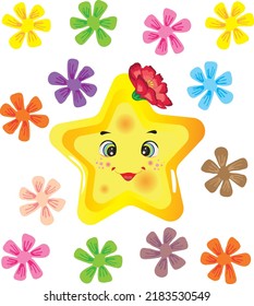 Vector illustration of cartoon yellow star with flowers.