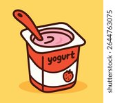 Vector illustration of a cartoon yogurt cup with spoon and strawberry flavor. Perfect for dairy, kids
