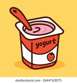 Ilustração vetorial de um copo de iogurte de desenho animado com colher e sabor de morango. Perfeito para produtos láteos, alimentos para crianças e projetos de lanches saudáveis.

