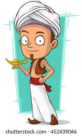 A vector illustration of cartoon young Aladdin with gold lamp