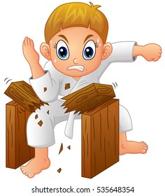 Vector illustration of Cartoon Young boy breaking board