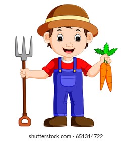 vector illustration of Cartoon young farmer holding rake