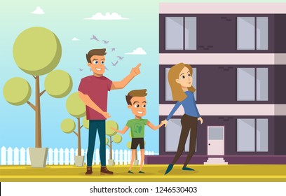 Vector Illustration Cartoon Young Happy Family. Image Family Standing near Apartment Building. Family has Acquired New Home in Residential Building. Man, Woman and Little Boy. Concept Happy People