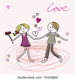 vector illustration of a cartoon young lady and  young man fall in love