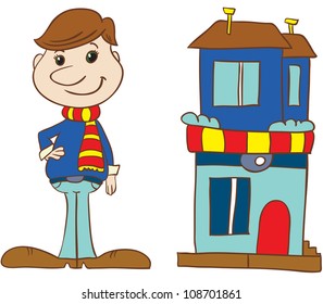 ilustración vectorial - joven caricaturista con pañuelo y suéter de rayas parado cerca de su casa con fondo blanco
