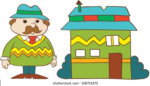 vector illustration- cartoon  young man in  hat and stripy  sweater with moustache standing near  his house  on white background