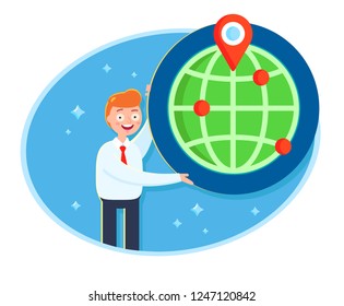 Vector illustration of a cartoon young man character. Friendly businessman pointing at and holding a globe with a marked spot. Flat style