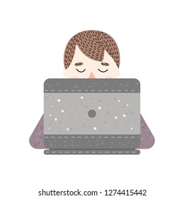 Vector illustration. Cartoon young man working on a laptop.