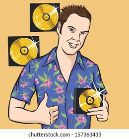 Vector illustration of cartoon young man with compact discs. Easy-edit layered vector EPS10 file scalable to any size without quality loss. High resolution raster JPG file is included.