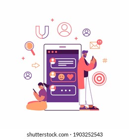Imagen vectorial de un joven y joven caricaturista navegando por los medios sociales en dispositivos digitales modernos mientras se paraba cerca de un enorme smartphone