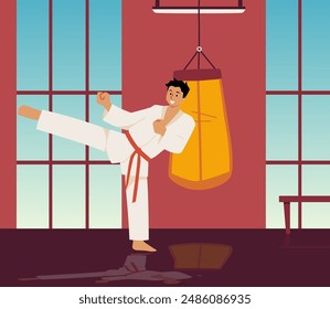 Vector illustration of a cartoon young man in a kimono with a red belt of a traditional martial art practicing karate, training a kick in a traditional dojo.